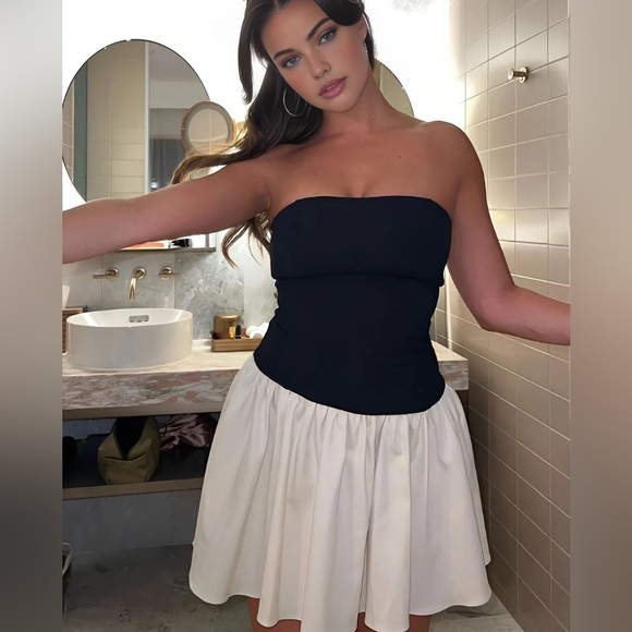 Commense Patchwork Strapless Two Toned Mixed Media Drop Waist Mini Dress - Picture 3 of 7